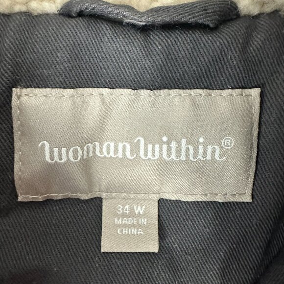 Woman Within 34W Black Hooded Jacket With Sherpa Lining & Button Front Closure - Picture 3 of 6